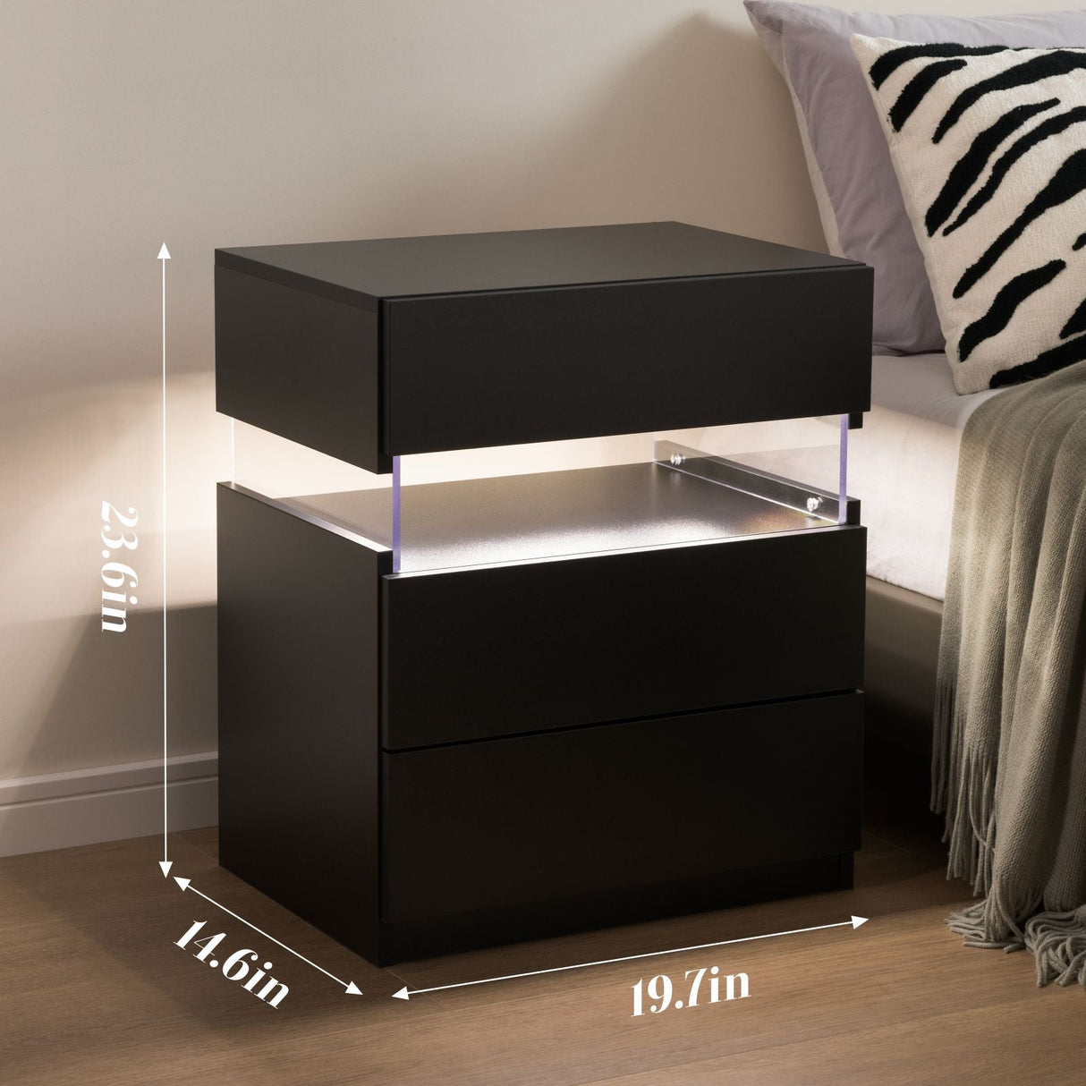 LED Nightstands Acrylic Board LED Bedside Tables for Bedroom End Table with 3 Drawer Dresser for Bedroom Living Room Bedside Furniture (Black)