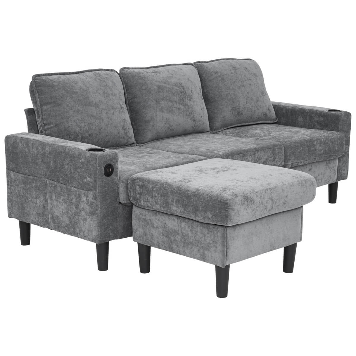 L Shaped Corner Sofa - 3 Seater Sectional Couch with USB & Cup Holder, Grey