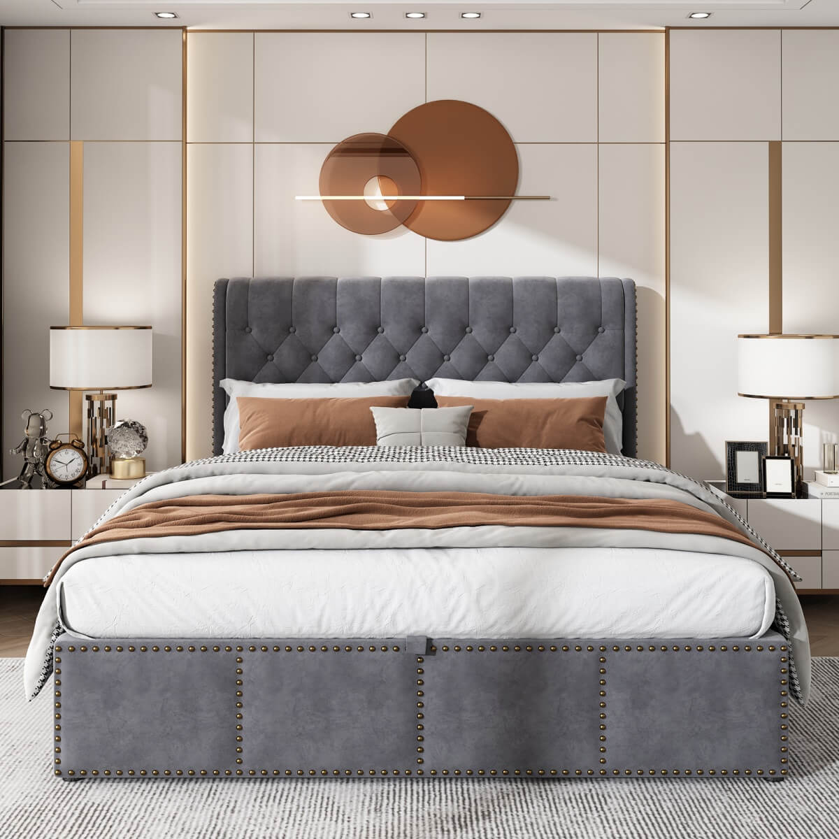 5ft King Size Velvet Ottoman Bed - Hydraulic Storage Bed with Rivet Detail, Grey