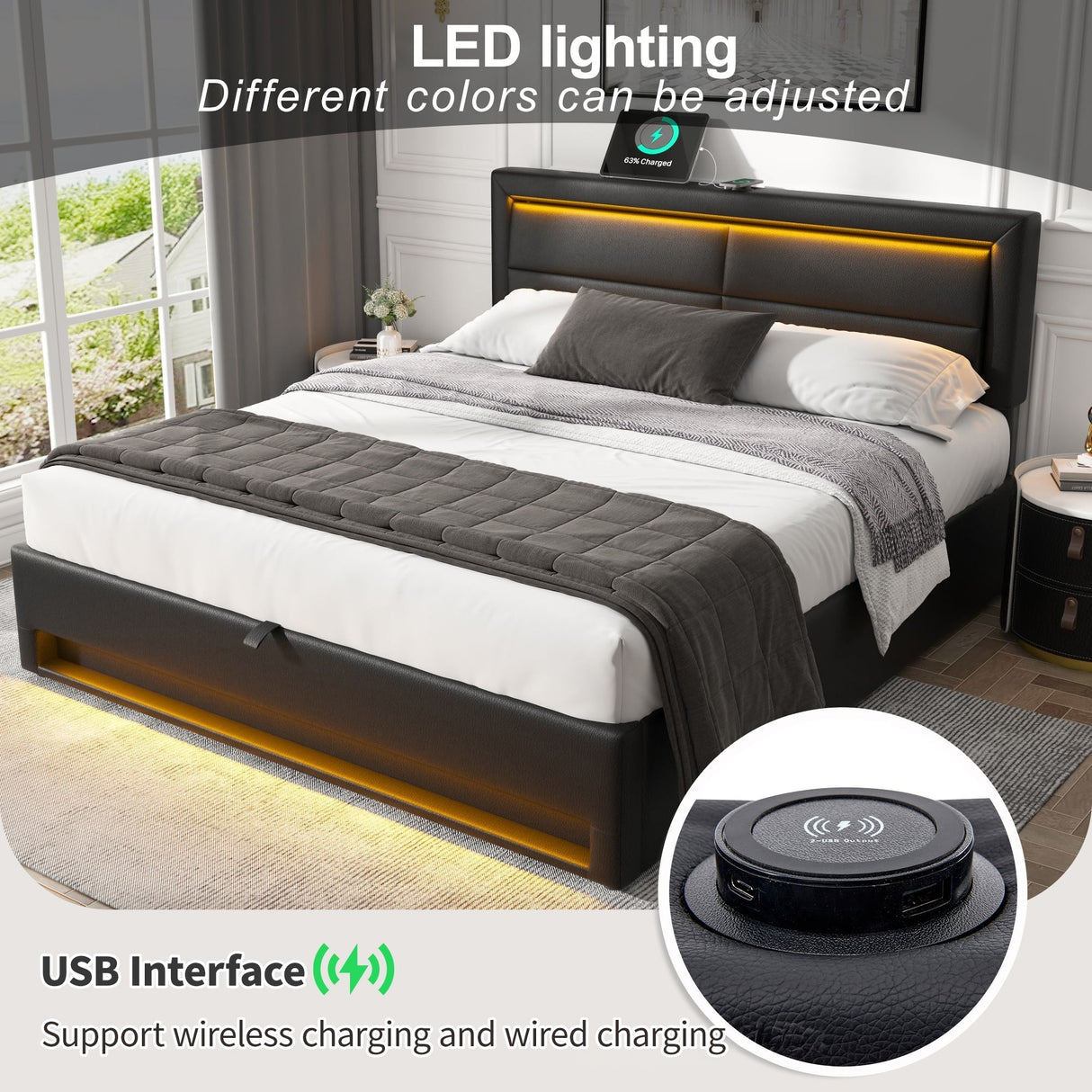 Upholstered bed 180 x 200 cm, Super King Size Bed-6ft,with USB port (supports wireless and wired charging), with LED lighting and storage space, without mattress, PU lychee pattern, black