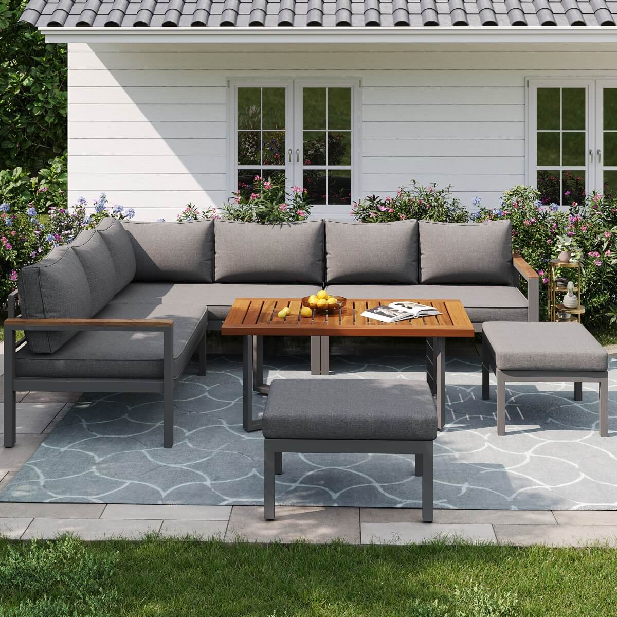 7-8 Seater Rattan Garden Furniture Set - L Shaped Corner Sofa with Coffee Table and Stools, Grey