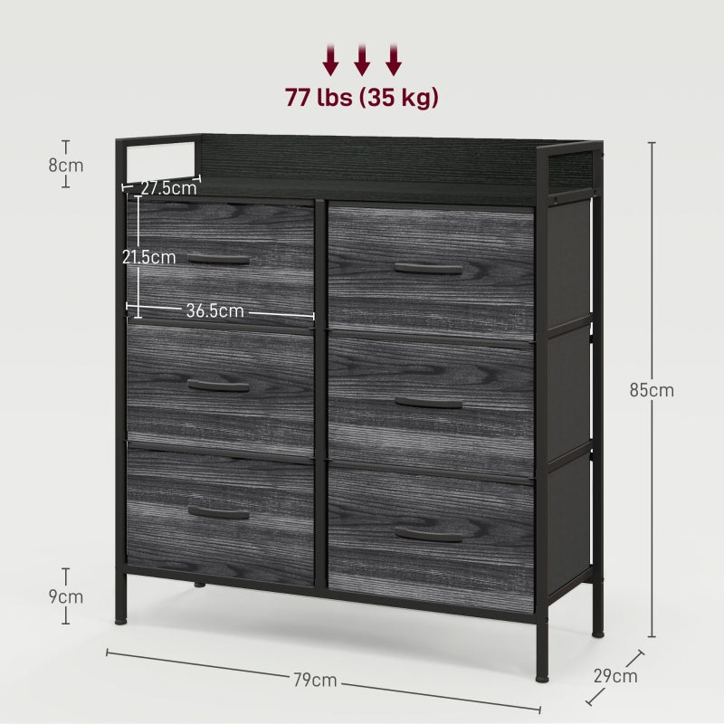 Rustic Chest of Drawers, Six Fabric Drawers - Black