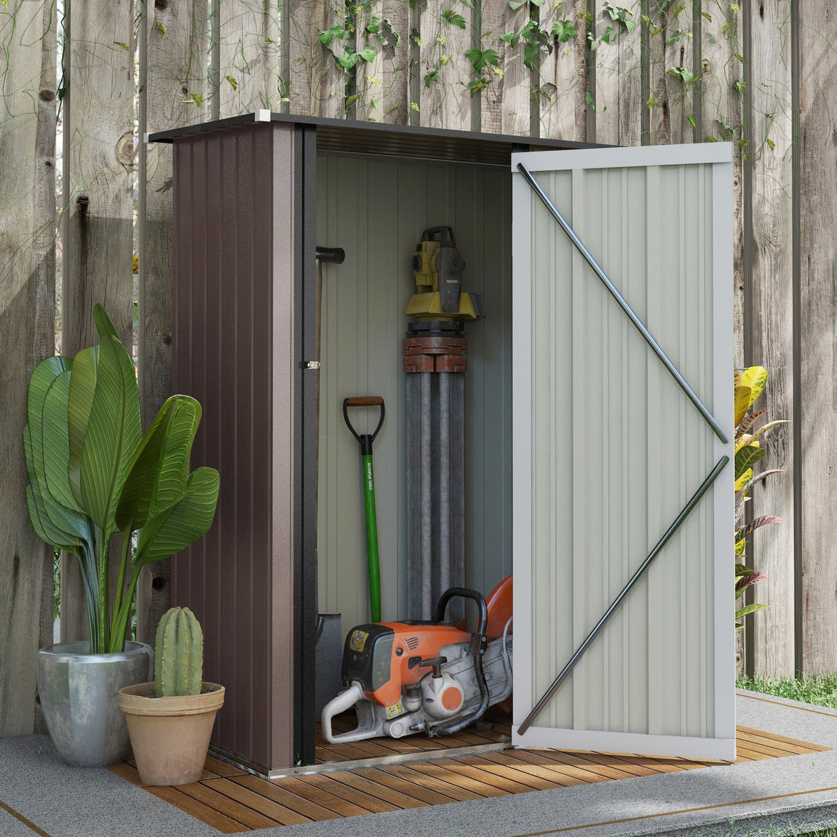 Metal Garden Storage Shed, 5ft x 3ft Sloped Roof Lockable Door, Brown