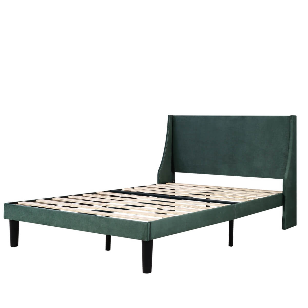4ft6 Double Velvet Bed Frame - Winged Upholstered Headboard, Dark Green