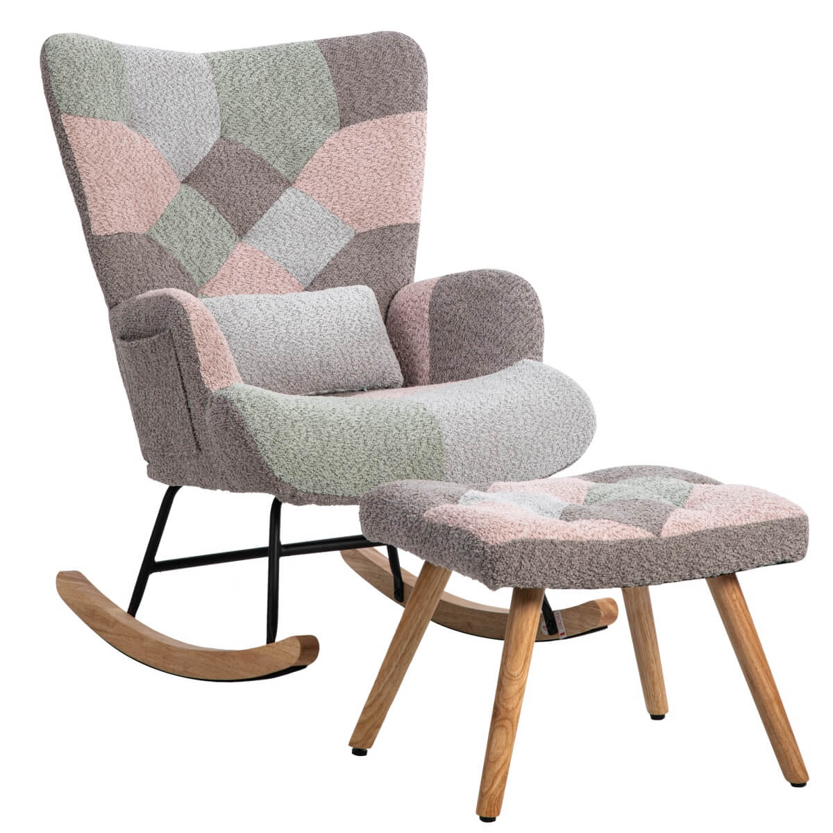 Fabric Rocking Chair with Ottoman - Wingback Accent Armchair with Wooden Legs