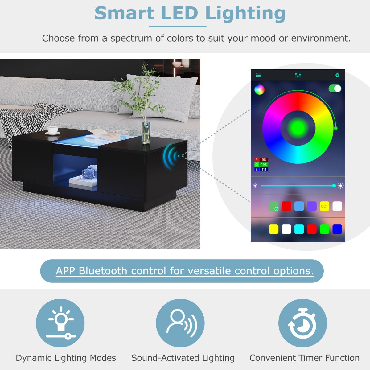 LED Coffee Table with Storage - 2 Tiers, 2 Drawers, Black