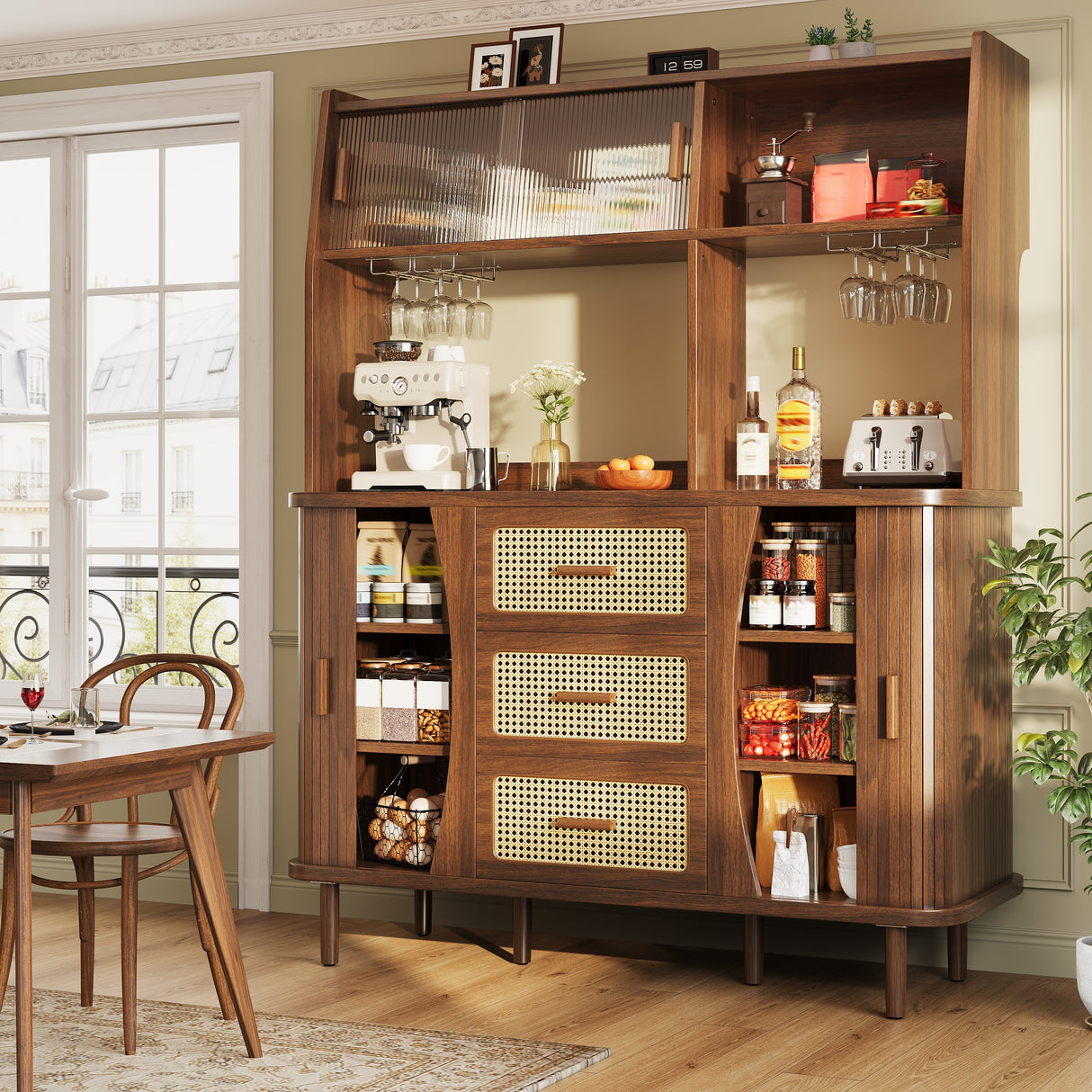 High-quality sideboard with rattan look and glass sliding doors, 174.5 cm high kitchen cabinet with storage space, natural wood/walnut look