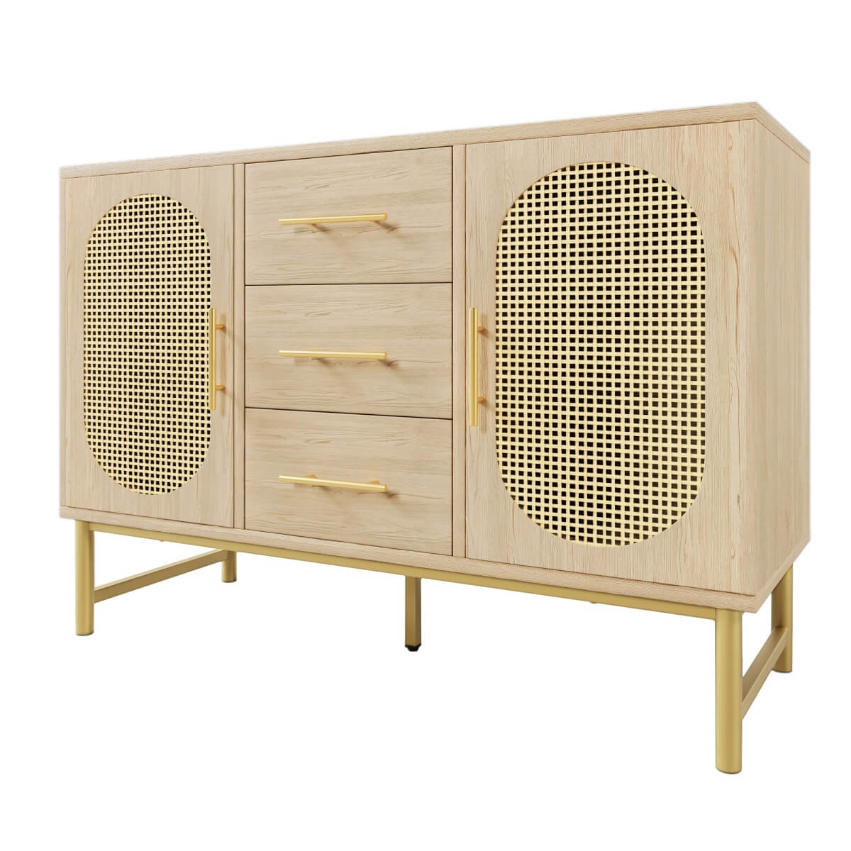 Rattan Sideboard Cabinet with 2 Doors & 3 Drawers - Wooden Storage Cupboard for Living Room, Oak