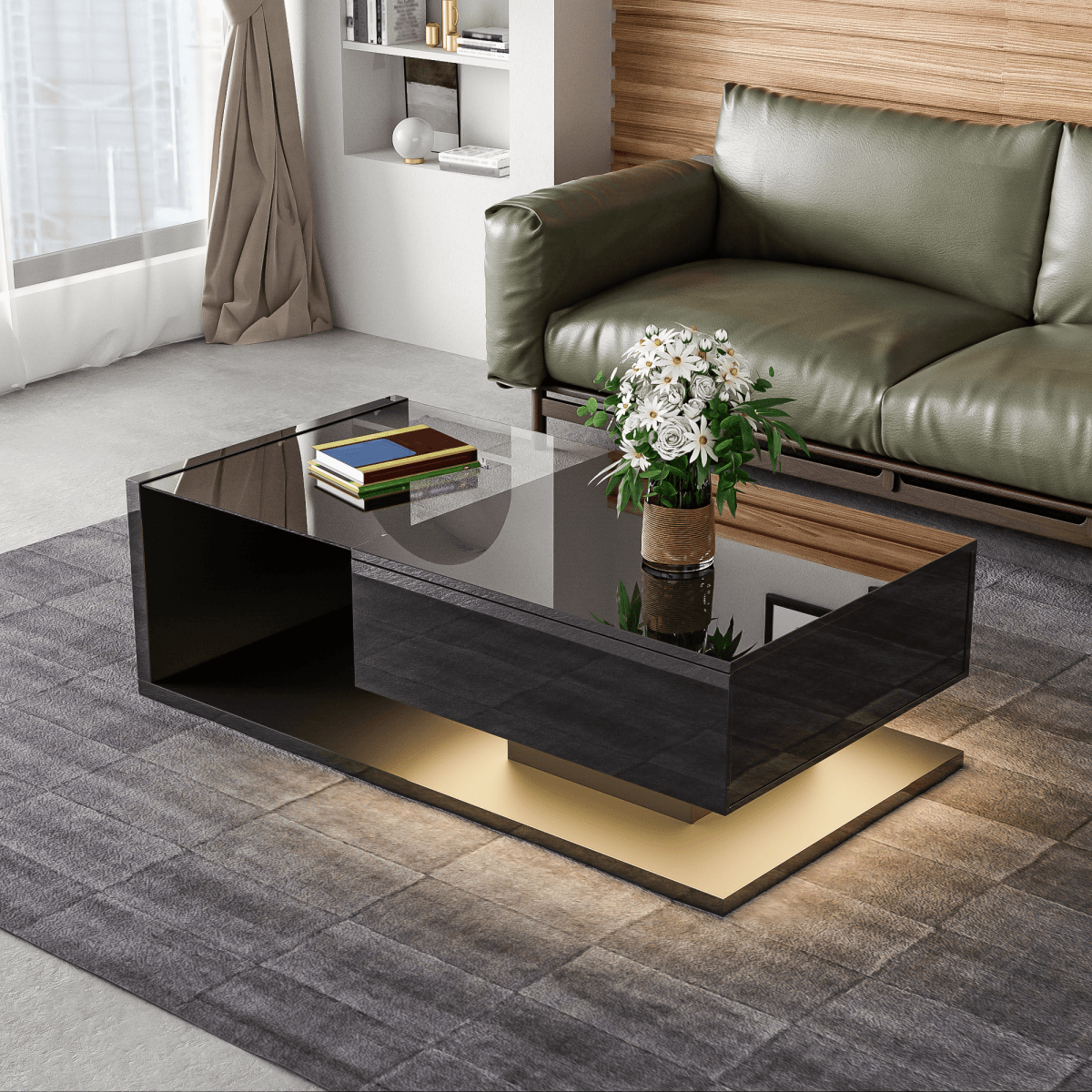 LED Coffee Table - High Gloss Black, Glass Top, Modern Living Room Table