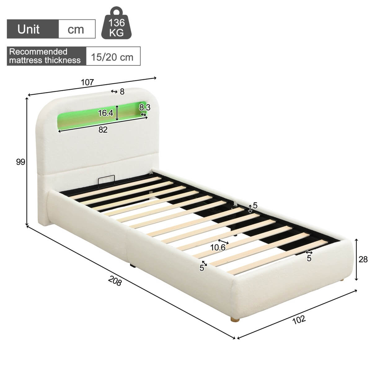 3ft Upholstered Hydraulic Storage Bed - LED Headboard, Bouclé, White