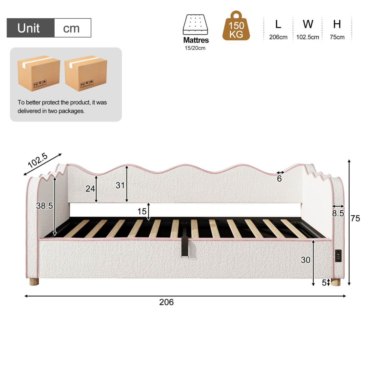 3ft Bouclé Daybed with Hydraulic Storage - Upholstered Sofa Bed with USB Port, Beige
