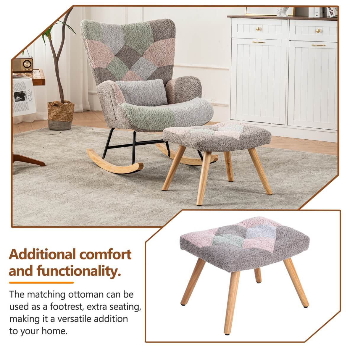 Fabric Rocking Chair with Ottoman - Wingback Accent Armchair with Wooden Legs