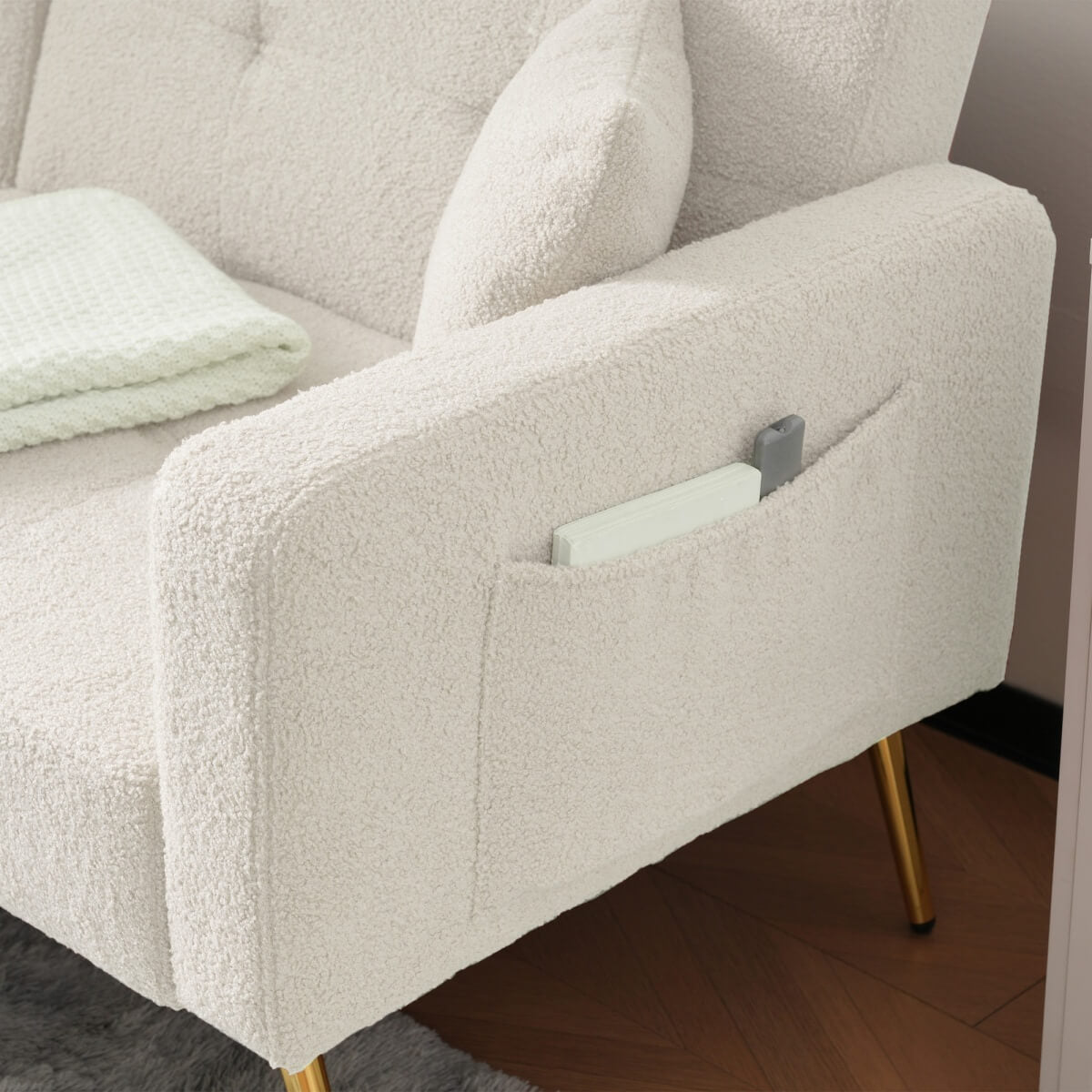 Convertible Sofa Bed - Adjustable Recliner Sofa with Gold Legs and Side Storage Pockets, White