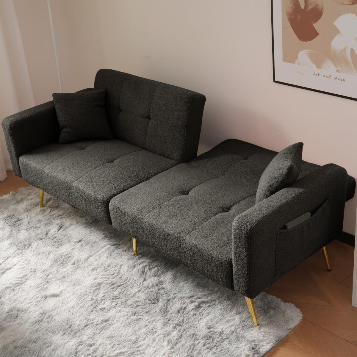 Modern Convertible Sofa Bed - Adjustable Recliner with Gold Legs and Side Storage Pockets, Dark Gray