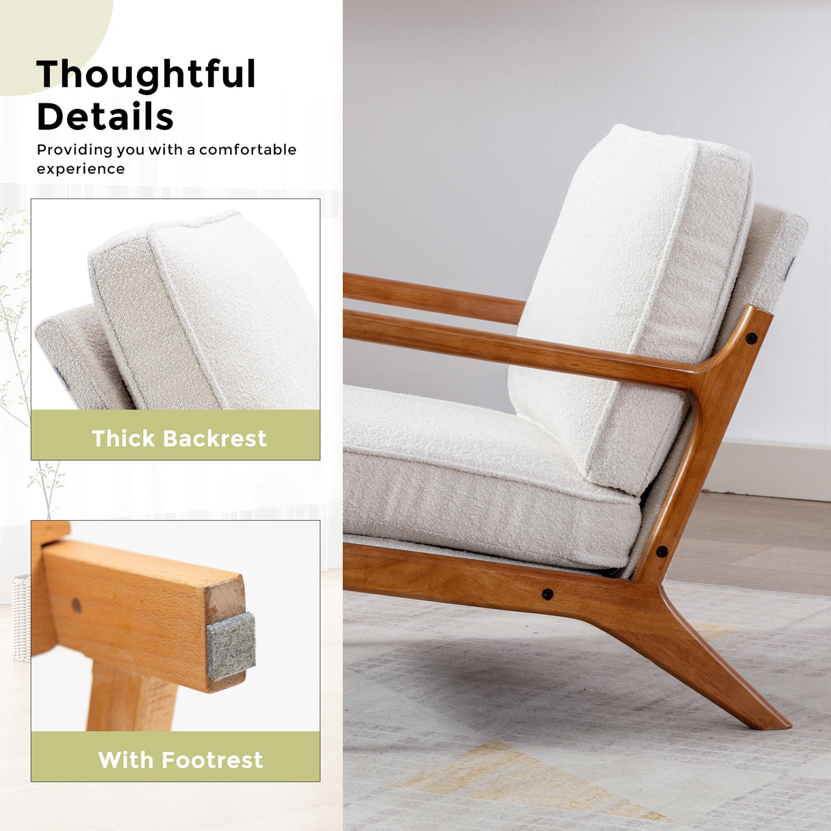 GOMYWAY Accent Chair Mid-Century Modern Armchair, Beige Solid Wood Frame