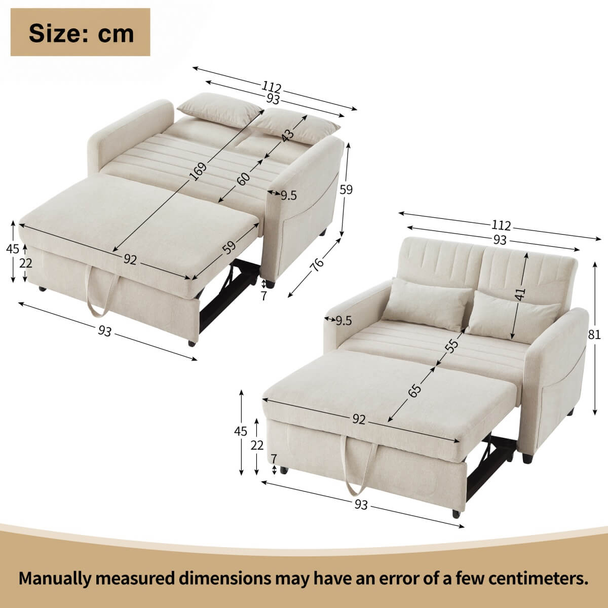 2 Seater Pull-Out Sofa Bed with Sleeping Function - Convertible Linen Sleeper Sofa, Adjustable Backrest, Beige