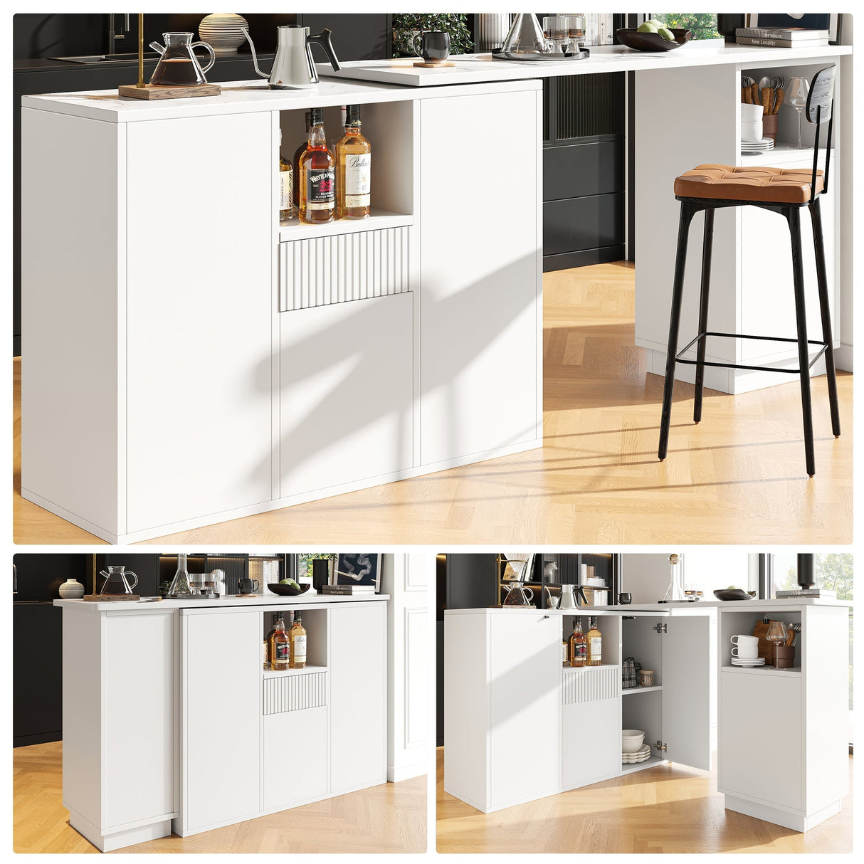 360¡ã swivelling bar table (main body 198.5 x 30 x 75 cm), modern and sleek design, with open storage space and marble worktop, suitable for kitchen, living room and dining room, white