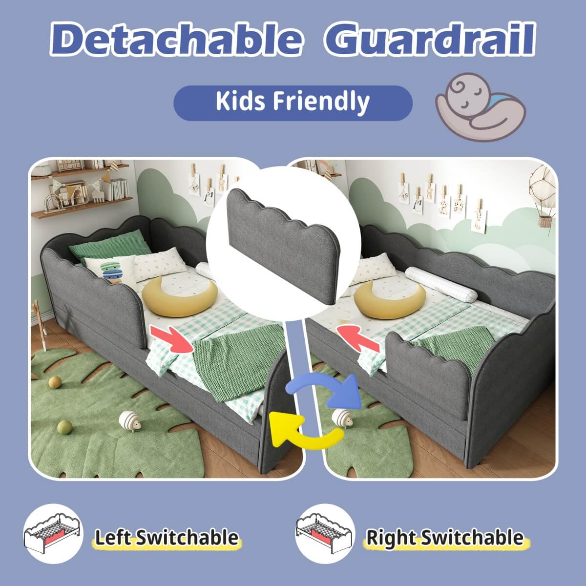 3ft Single Upholstered Daybed with Pull-Out Trundle - Linen Grey Bed for Adults & Children
