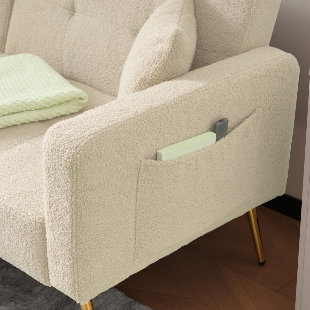 Modern Convertible Sofa Bed - Adjustable Recliner with Gold Legs and Side Storage Pockets, Beige
