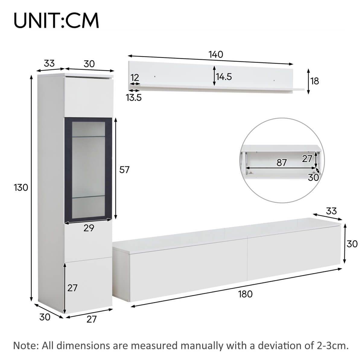 3-Piece White TV Wall Unit with LED Lights - High Gloss TV Stand, Display Cabinet and Wall Shelf for Living Room