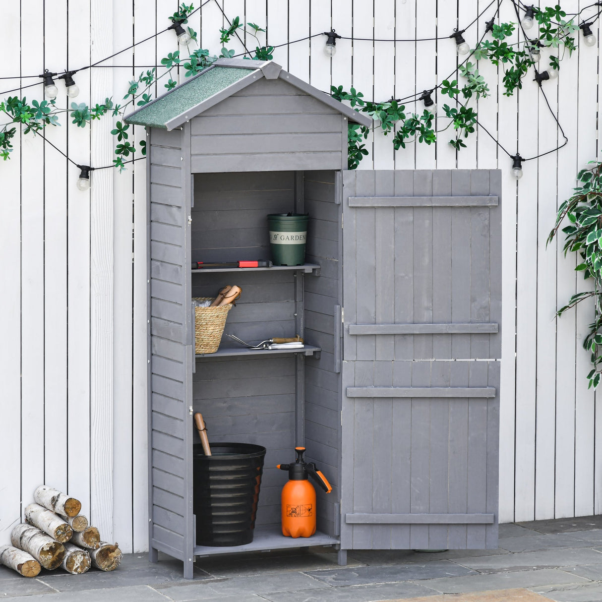 Wooden Garden Storage Shed with 3 Shelves, Lockable Doors, Dark Grey