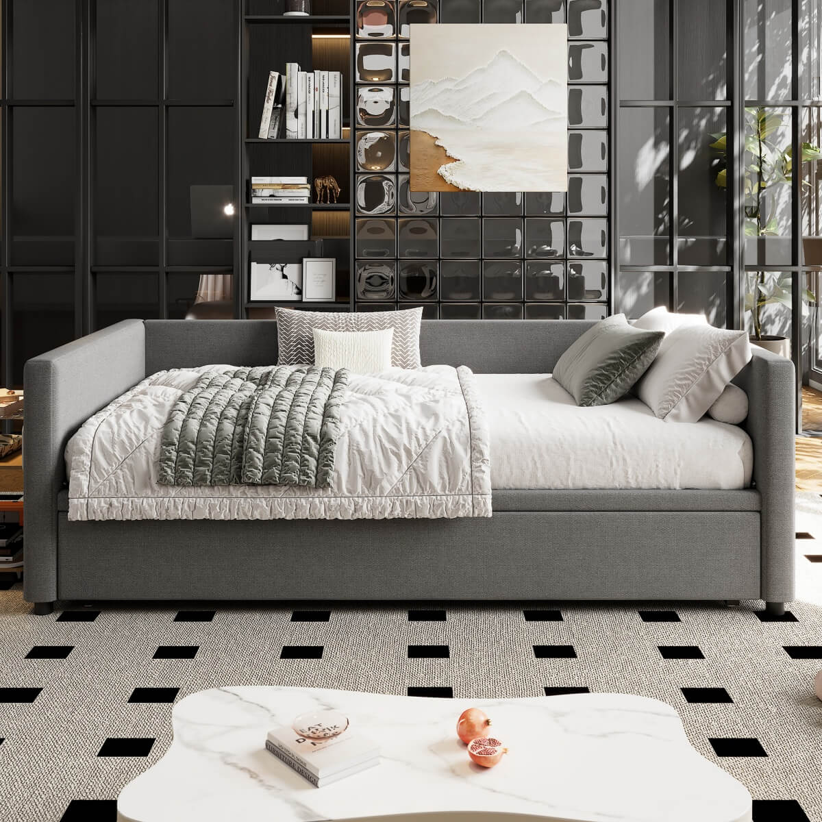 3ft Upholstered Daybed with Pull-Out Trundle - Convertible Single to Double Bed, Linen Grey