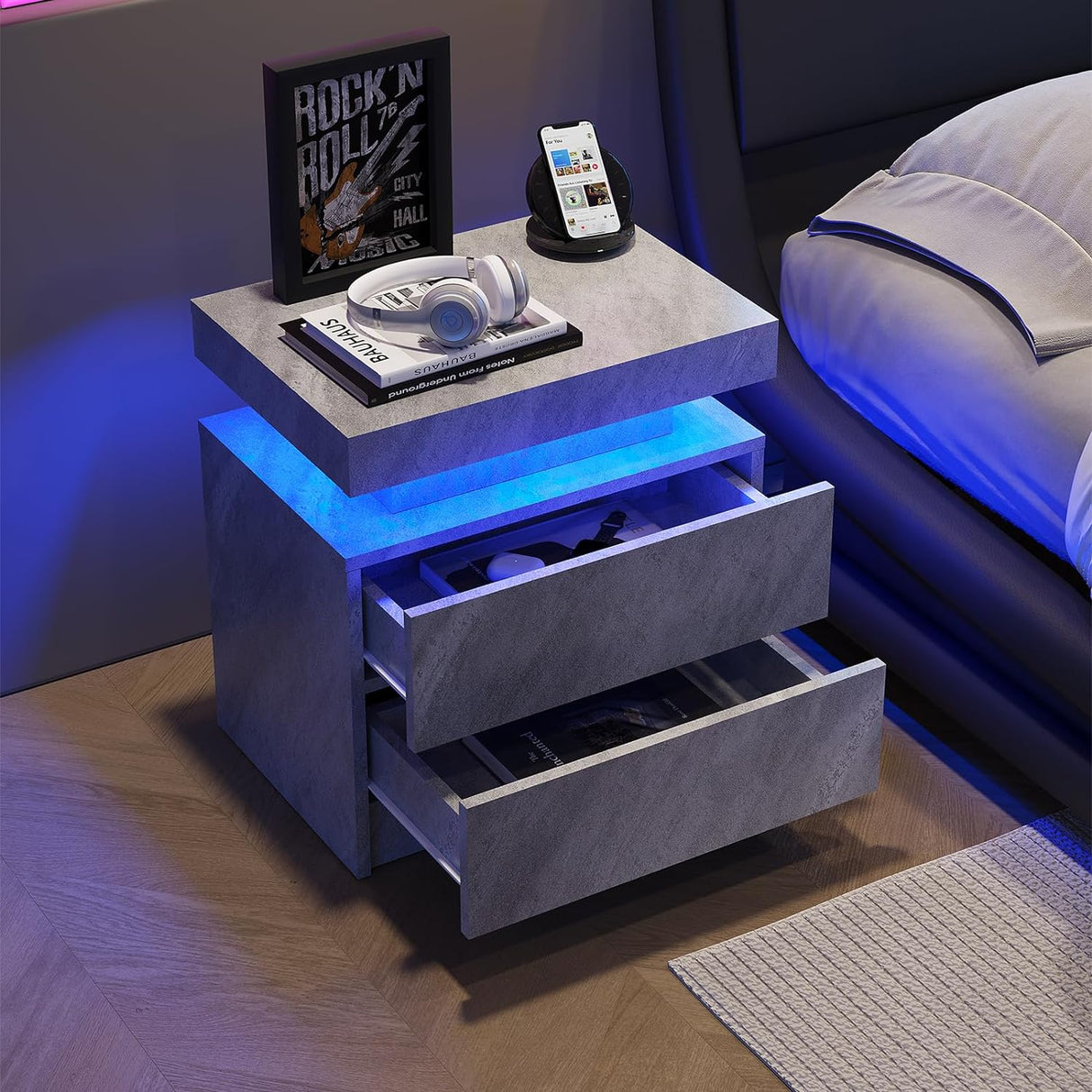 Nightstand LED Bedside Table Cabinet Lights Modern End Side with 2 Drawers for Bedroom (Gray)