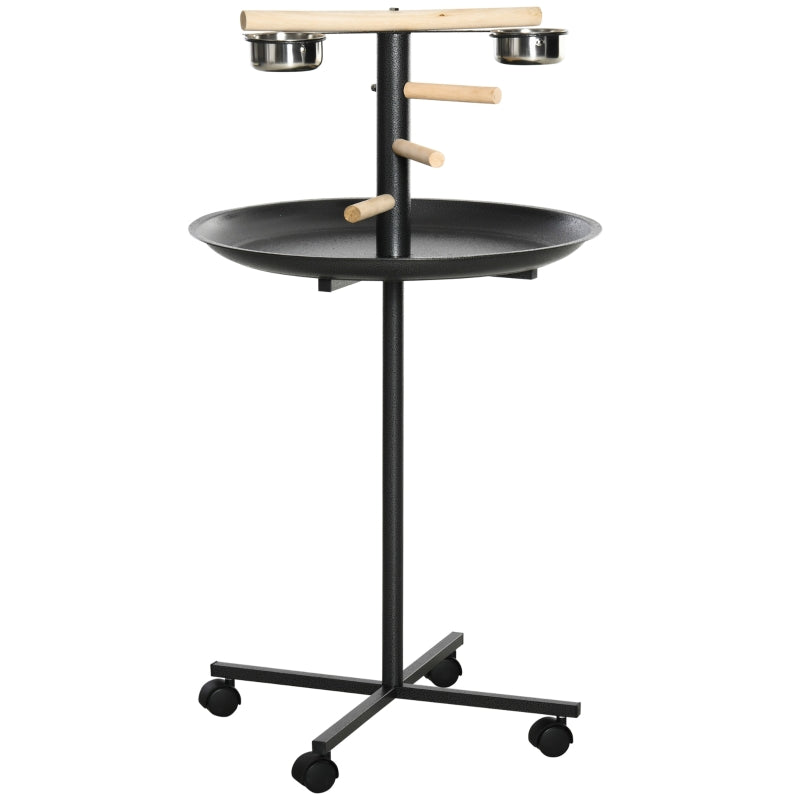 Metal Bird Table Play Stand, Bird Feeder Station, Four Wheels, Feeding Bowls, Round Tray