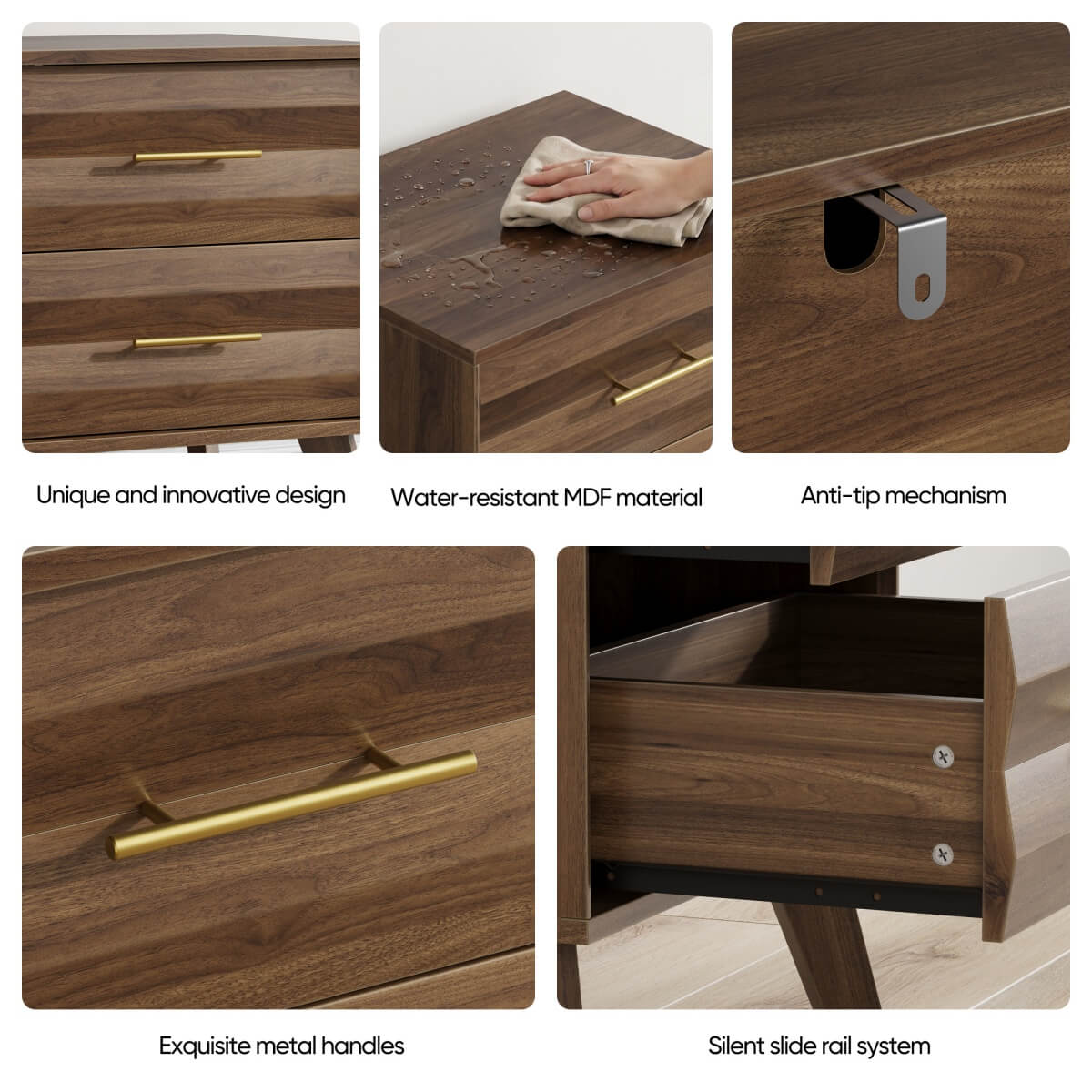 Single Bedside Table with 2 Drawers - Modern Bedroom Storage Cabinet with Metal Handles, Walnut Effect