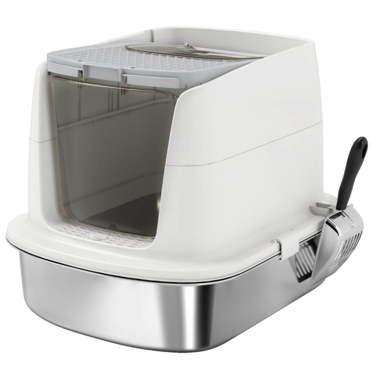 Large Stainless Steel Cat Litter Box – Enclosed Front Entry & Top Exit Tray with Scoop & Deodoriser Bag