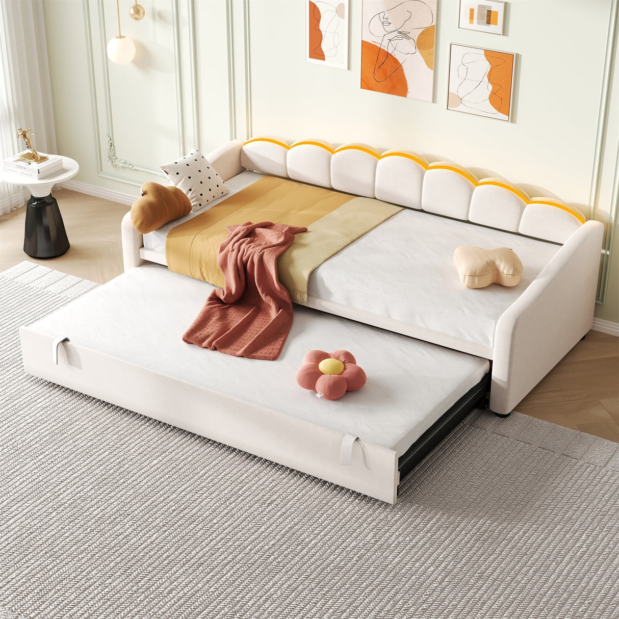 Upholstered Daybed Sofa Bed 90x190cm with RGB LED, 3ft Petal Shape Single Bed with Trundle, Velvet Beige