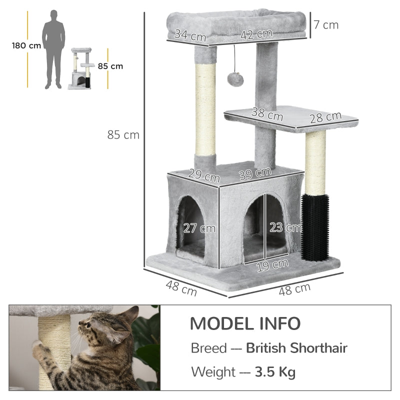 Cat Tree Climbing Tower Scratch Post Activity Center with Massage Toy Hanging Ball Bed Condo Perch, Grey