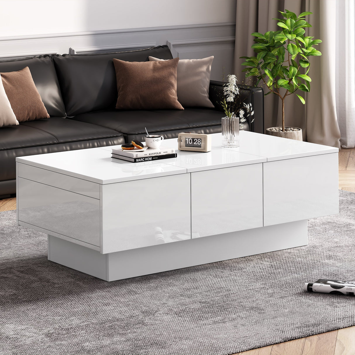 Coffee Table for Living Room, Modern Side Table with 2 Drawers and 2 Big Storage Space, White High Gloss Particle Board