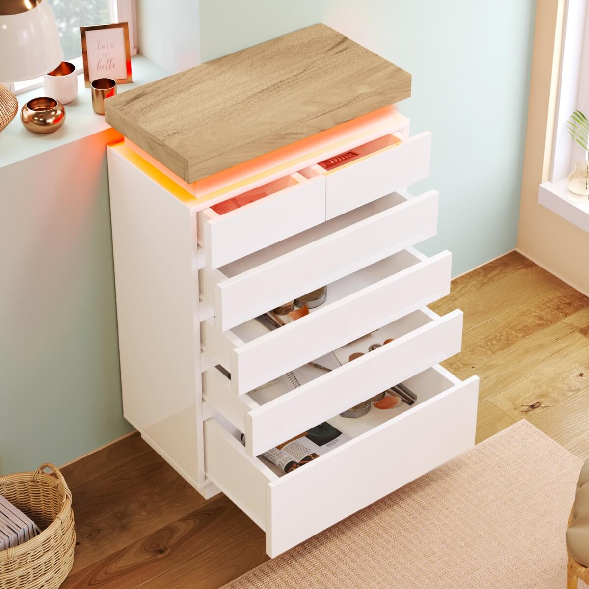 High Gloss Sideboard Cabinet with 6 Drawers - RGB LED Storage Chest of Drawers for Living Room & Bedroom, White
