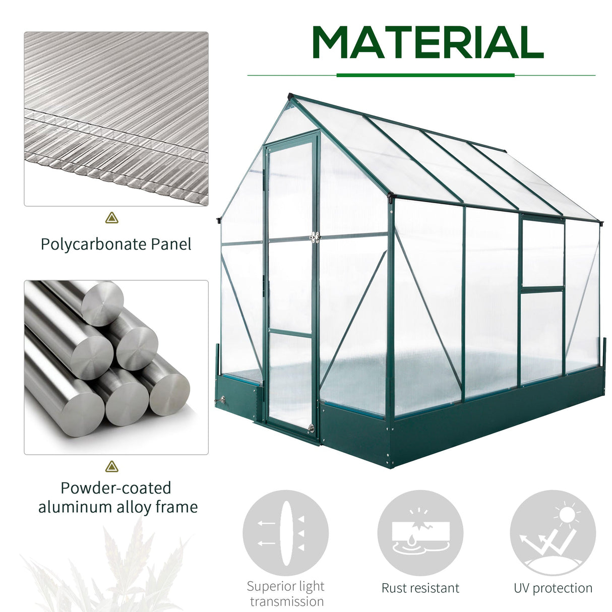 6x8 FT Polycarbonate Greenhouse with Raised Bed, Walk-in, Aluminium Frame