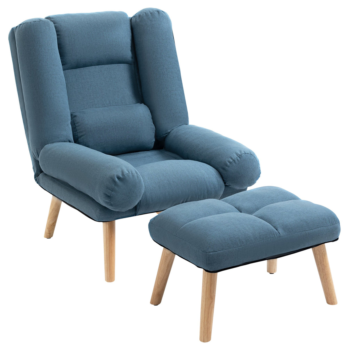 Armchair with Footstool, 180?? Recliner and Ottoman, Adjustable Backrest, Wooden Legs, Blue