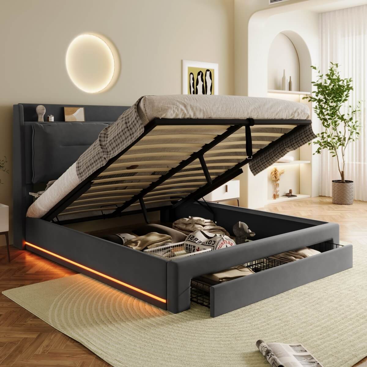 4ft6 Double Upholstered Storage Bed – Velvet Hydraulic Bed with End Drawers, Recessed LED Light Strips & Slatted Frame