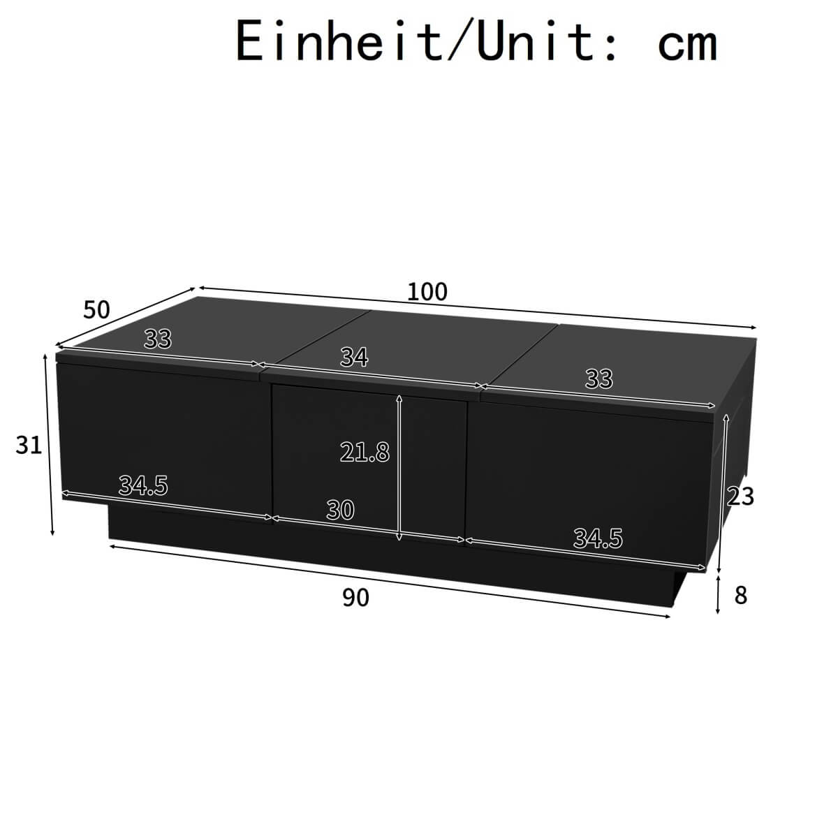 High Gloss Black Coffee Table with Storage - Push-to-Open Drawers, Modern Living Room Table
