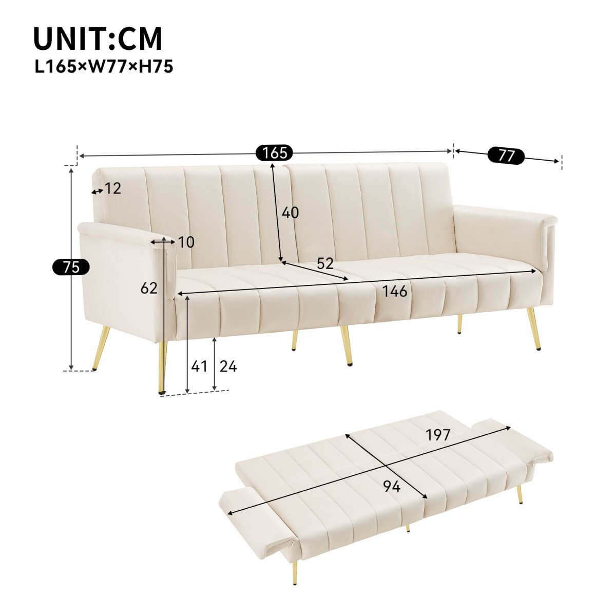 Modern Velvet Sofa Bed - Adjustable Backrest & Armrests, Convertible Sleeper with Metal Legs for Living Room, Bedroom & Guest Room, Beige