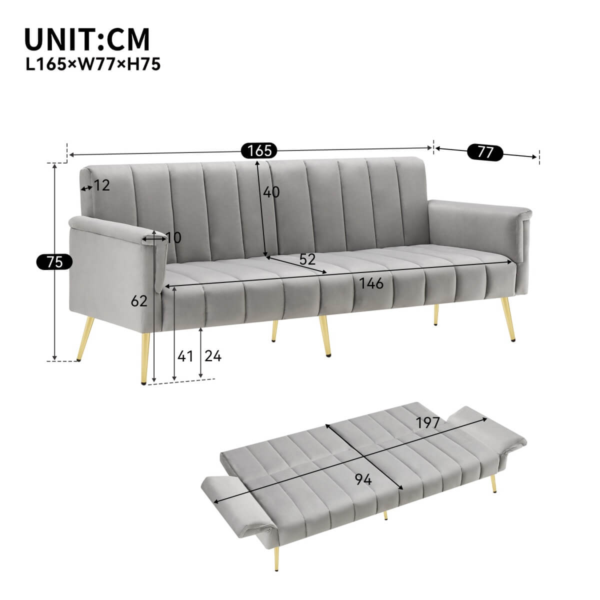 Modern Velvet Sofa Bed - Adjustable Backrest & Armrests, Convertible Sleeper with Metal Legs for Living Room, Bedroom & Guest Room, Grey