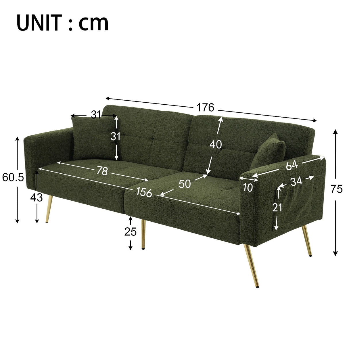 Sofa Bed with Adjustable Backrest, Gold Legs, Cushions and Side Storage Pockets
