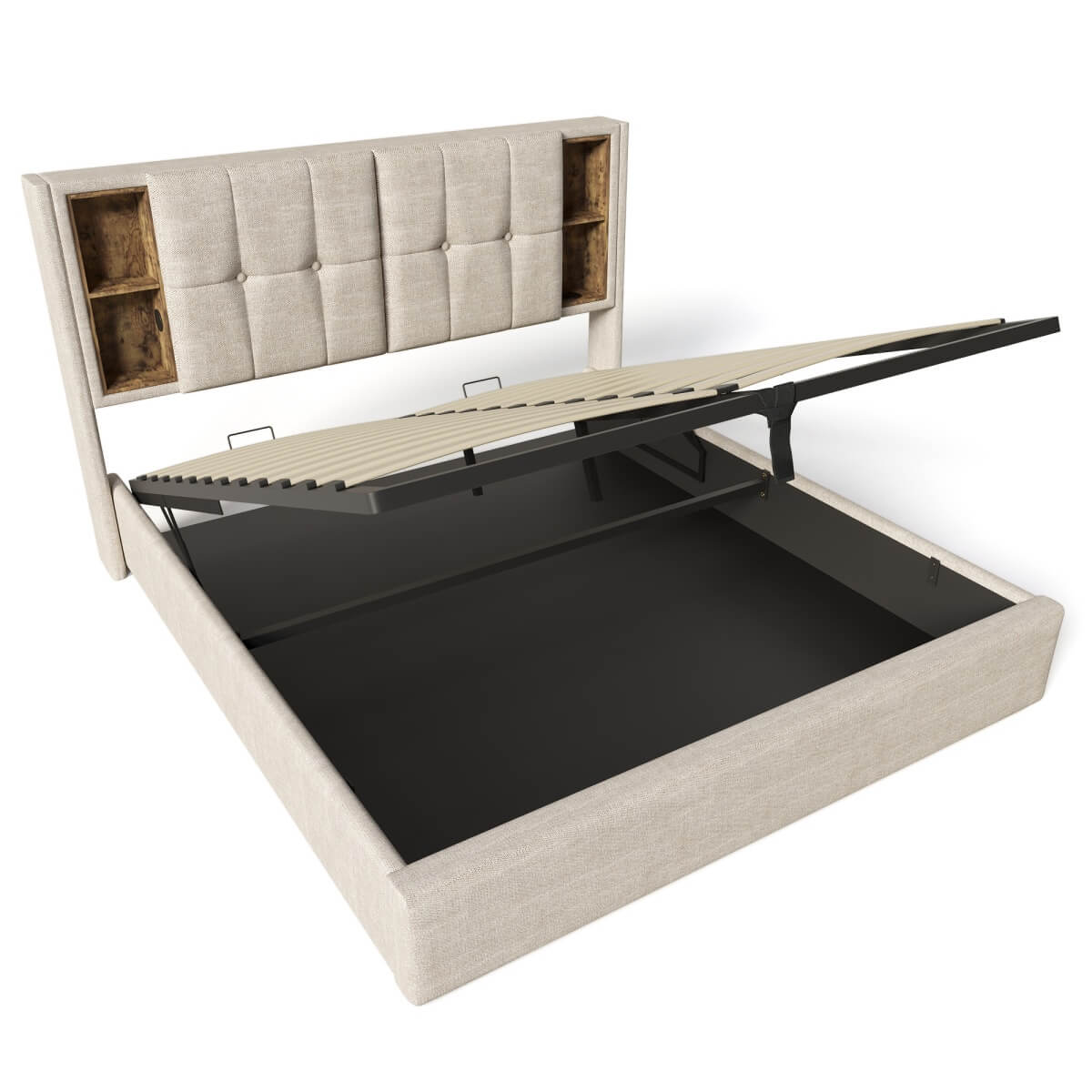 4ft6 Double Ottoman Bed Frame - Upholstered Storage Bed with Wireless Charging & USB C, Natural