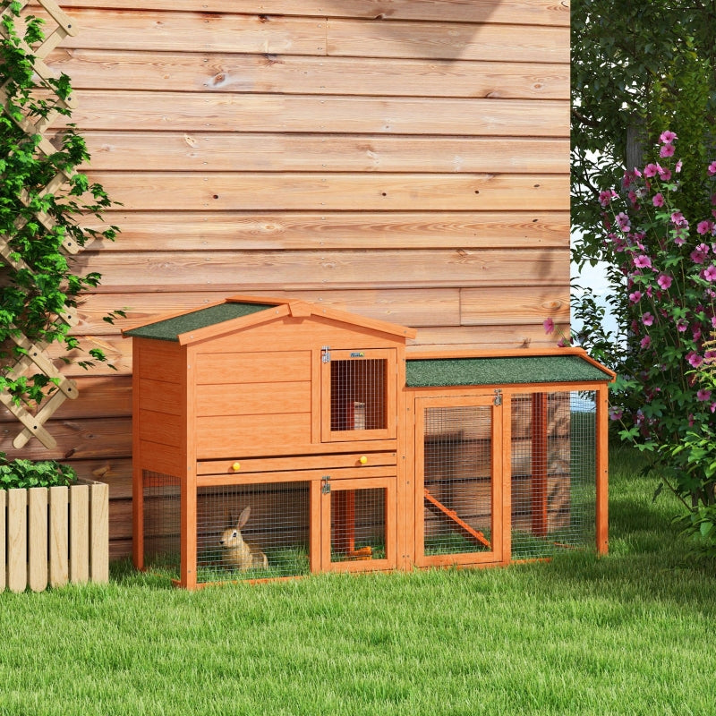 Two-Tier Rabbit Hutch with Run, Ramp, Slide-Out Tray - Orange
