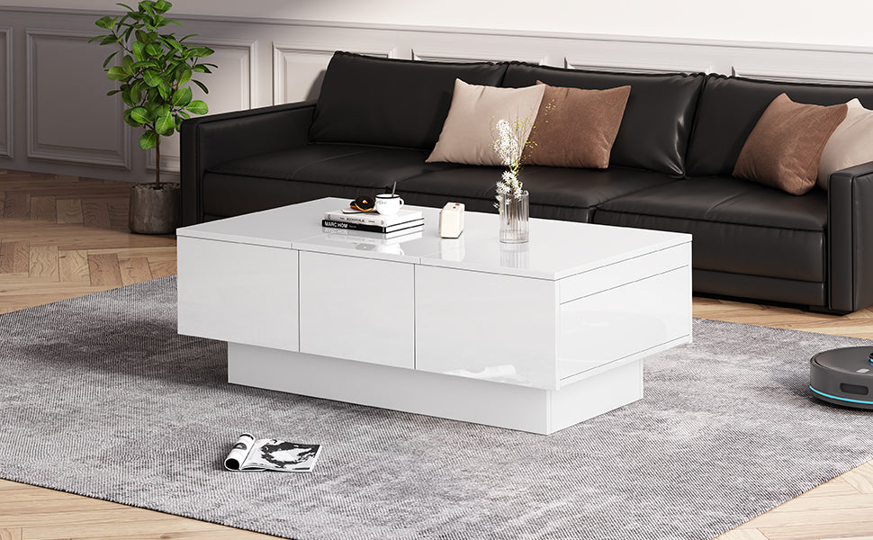 Coffee Table for Living Room, Modern Side Table with 2 Drawers and 2 Big Storage Space, White High Gloss Particle Board