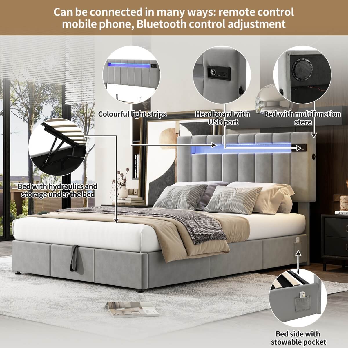 4ft6 Double Velvet Hydraulic Storage Bed - LED Bed with Bluetooth Speaker, USB & Side Pockets, Grey