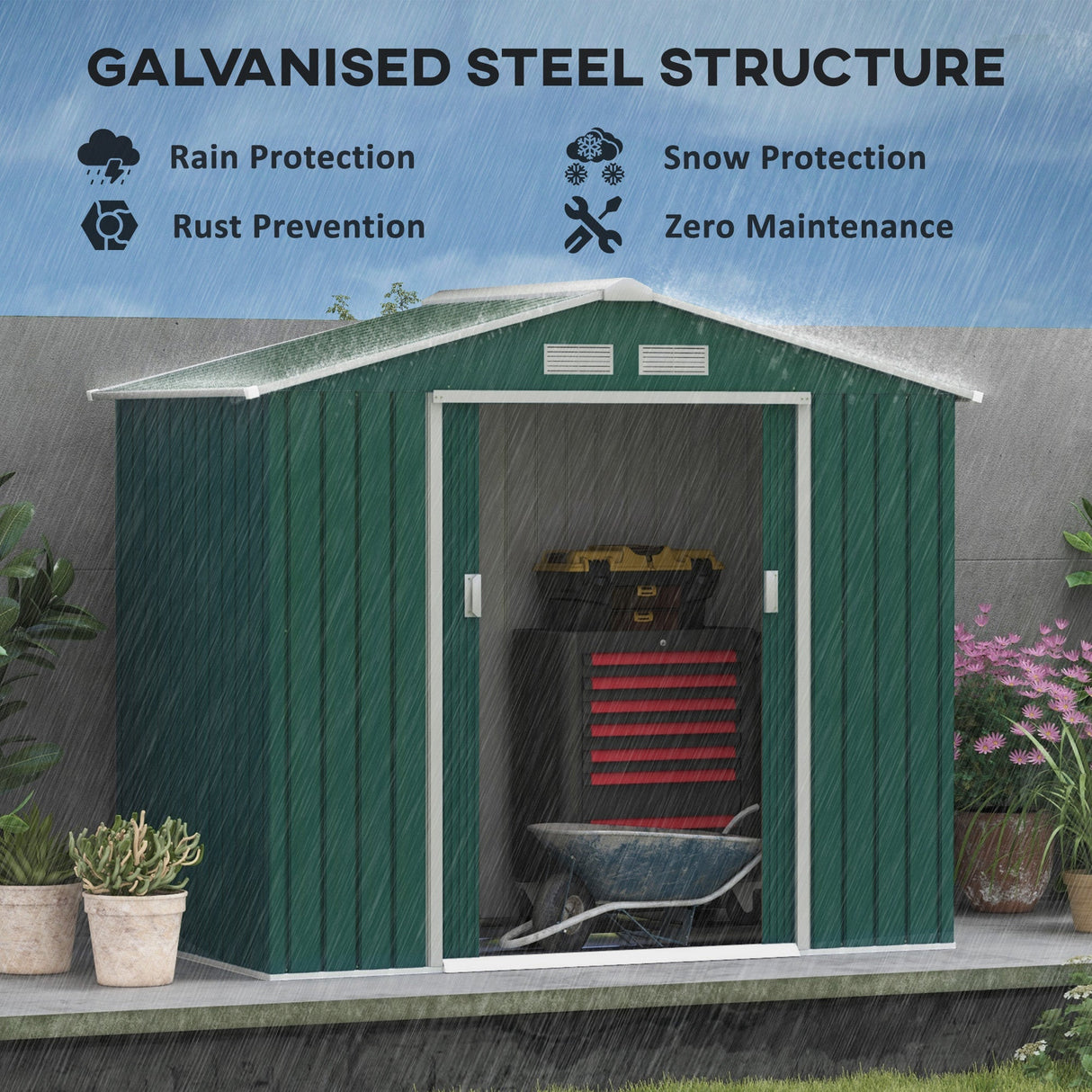 Metal Garden Shed 7 x 4ft, Outdoor Storage Tool House with Double Doors, Green