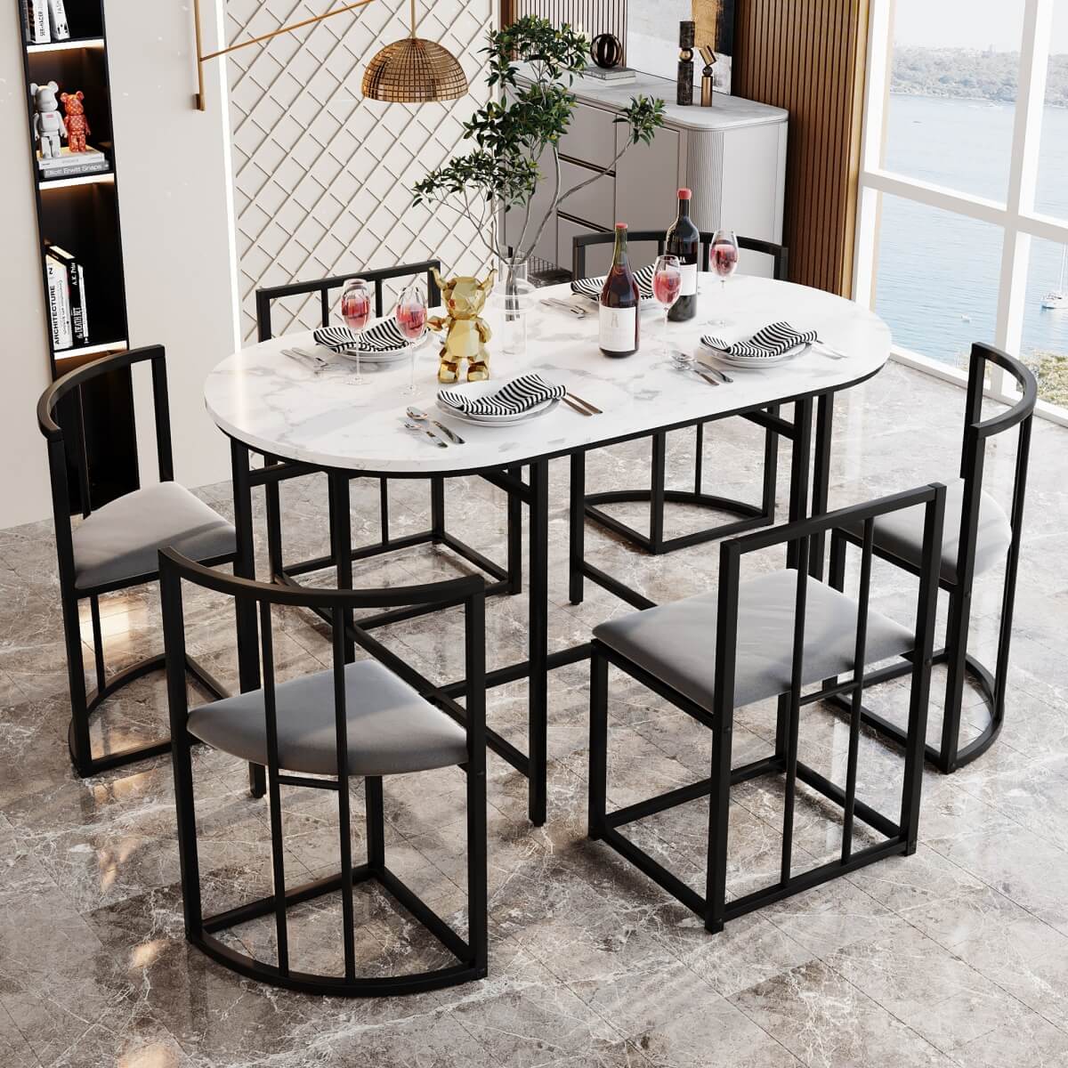 6 Seater Dining Table Set – White Table with Grey Cushioned Chairs, Black Metal Frame, Modern Dining Room Set