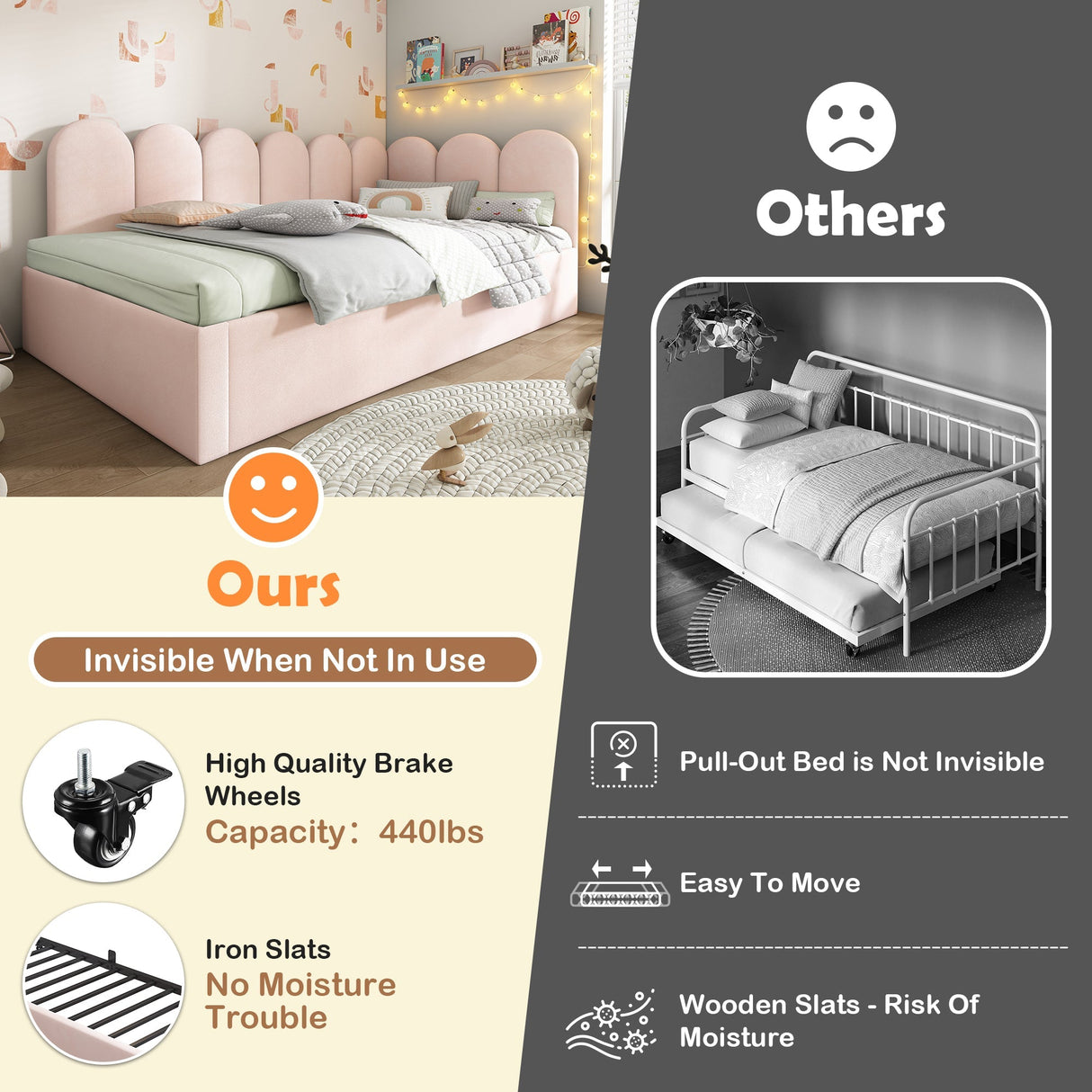 Upholstered Bed Daybed With Pull-Out Bed, 3FT Single Sofa Bed, Velvet, Pink