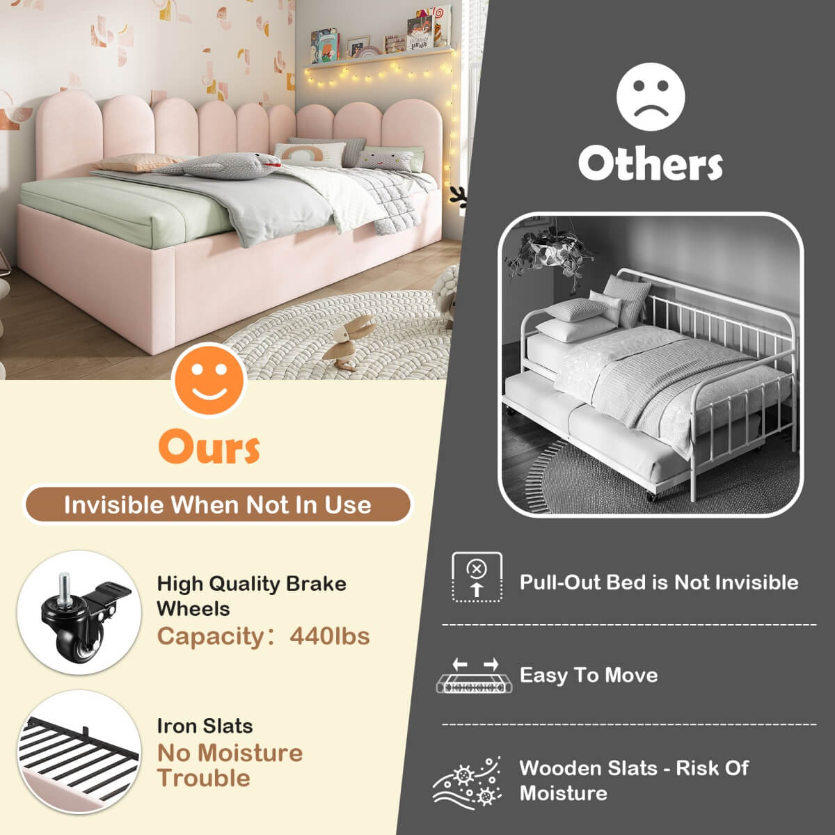 3ft Single Daybed with Pull-Out Bed – Velvet Sofa Bed, Metal Frame, Pink