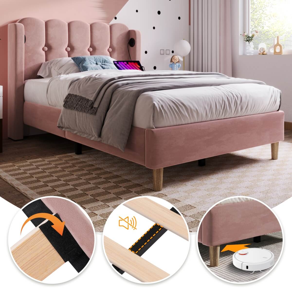 3ft Single Velvet Upholstered Bed with USB Charging - Pink Bed Frame